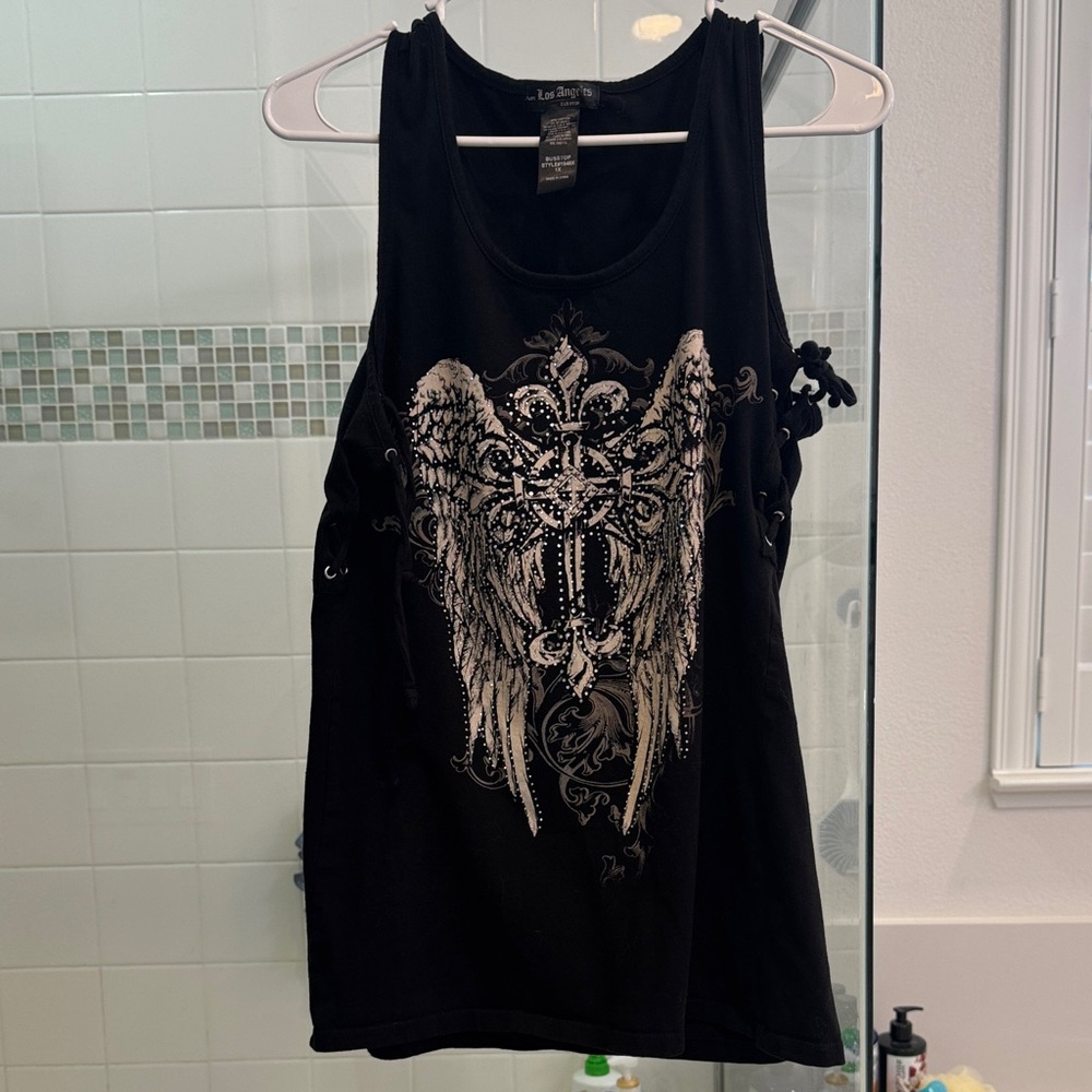 Edgy Los Angeles Black Angel Wing Tank Top 1x
